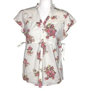 Decree Floral Button Up Top Women Large White Lace Trim Side Ties Fairy Cottage